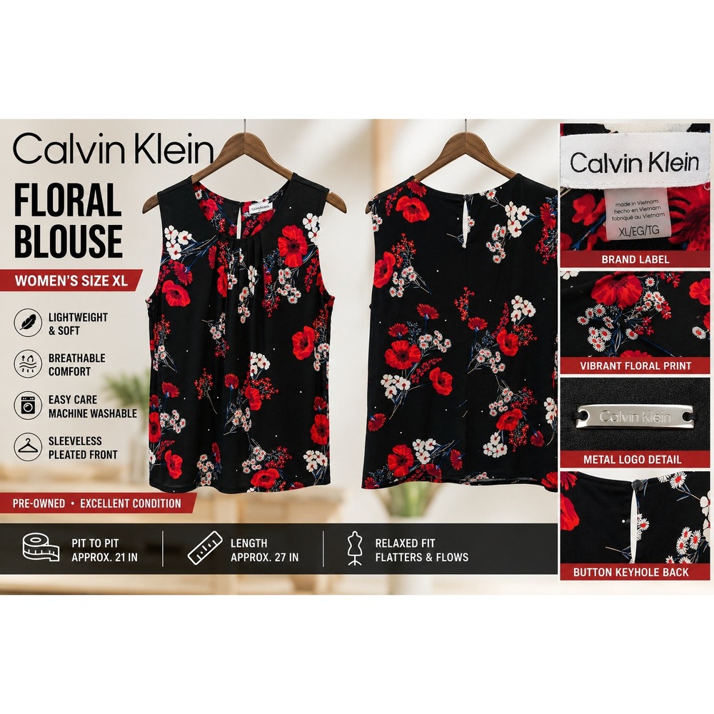 Calvin‎ Klein Floral Sleeveless Blouse Red Poppy Black Pleated Neck XL S99CM76P